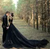 2023 Vintage Bobemian A Line Wedding Dresses V Neck Black Lace Crystal Pärlor Tulle Gothic med långa ärmar Sexig ren topp slits kjol brudklänningar criss öppna tillbaka