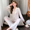 Vrouwen Nachtkleding CRLAYDK 2023 Vrouwen Zomer Lange Mouw Pyjama Set Zijde Verticale Streep Bloemen Gedrukt Loungewear Lace Button Down