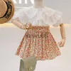 Kläderuppsättningar 2021 Summer Girls 'Clothing Sets Denim Flower Embroidered Lapel Topnet garn kjol 2st.