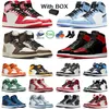 Jumpman 1 1S Box와 함께 UNC 발가락 농구 신발을 씻은 검은 색 잃어버린 OG Skyline University True Blue Lucky Green Dark Mocha 특허 Mens 여성 운동화