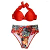 Kadın Mayo 1 Set Mayo Kıyafet Enfes Desen Desen Yastıklı Ukmating High Cut Kadınlar Push-Up Halter Bikini Çiçek Basılı Basılı