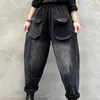 Women's Jeans 2023 Spring Arts Style Women Elastic Waist Patchwork Plaids Cotton Denim Harem Pants Pocket Design Vintage Loose V932