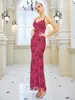 Runway Dresses Sexy Red Sequins Celebrity For Women V Neck Shinning Skinny Wedding Bridesmaid Mermaid Gown Backless Evening Vestidos