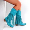 Botas mulher botas de cowboy apontou toe moda borla salto baixo coxa botas altas mulheres sapatos de salto bordado botas longas botas mujer 230803