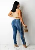 Jeans Feminino Calça Lápis com Cadarço Sexy Cintura Alta Bodycon Azul Jeans Casual Reto