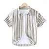 Mäns casual skjortor sommar färskt garnfärgad bomullslinne rand Kort ärmskjorta för ungdomar japansk fyrkantig hals passande