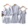 Vêtements de nuit pour femmes 2023 pyjamas 4 ensembles de costumes sexy imitation soie dentelle bretelles chemise sans manches shorts robes d'été avec poitrine