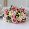 Fiori decorativi 5 forchette 15 teste rosa di seta per bouquet da sposa decorazioni natalizie vaso per la casa composizione floreale album fai da te artificiale