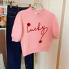 Kvinnors tröjor Spring Summer Sweet Pink Letters Sticked Short Sleeve Sweaters Women Pullovers Korean Chic Basic Knitwear Tops Jumpers 230803