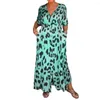 Casual Dresses Elegant Women Dress Summer Leopard Print V Neck Maxi med kontrastfärgfickor Stylish Ankle Length Women's