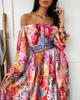 Casual Flokcloset Summer Bohemian Print Maxi Dress 2023 Line Neck Design Long Sleeve Party Long Sundress