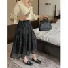 Saias TingYiLi Primavera Verão Rosa Flocado Organza Saia evasê em camadas Retro Coreano Elegante Feminino Floral Bege Preto Midi Tutu