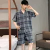 Heren Nachtkleding Geruite Katoenen Pijamas Set Zomer Dunne Ademende Homewear Mannelijke Shorts Pyjama Homme Jeugd Jongen Lounge