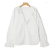 Camisetas femininas 2023 outono feminino branco ou listrado camisa babados decote em v costura de renda doce chemise manga comprida blusa feminina