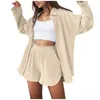 Survêtements pour femmes Mode Manches longues Boutons Chemise de banlieue Cardigans Décontracté Lâche Couleurs unies Taille élastique Shorts Costume deux pièces