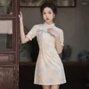 Abbigliamento etnico Donne sexy Stampa fiore Mini Qipao Stile cinese Vestito da festa da donna Ragazza di alta qualità Slim Cheongsam Vestidos Vintage Qi Pao