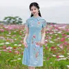 Roupas étnicas 2023 verão diário aodai tradicional cheongsam jovem comprimento médio manga curta rosa azul melhorado qipao vestido chinês moderno