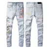 ジーンズパープルジーンズデザイナーメンズパンツスタックジーンズの男性バギーデニム涙ヨーロッパジーンズメンズパンツバイカー刺繍のトレンド28-40のためにリッピング