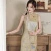 Vêtements ethniques 2023 été Imitation Ramie double couche impression mi-longue sans manches Cheongsam rétro amélioré Qipao pour jeune fille