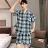 Heren Nachtkleding Geruite Katoenen Pijamas Set Zomer Dunne Ademende Homewear Mannelijke Shorts Pyjama Homme Jeugd Jongen Lounge