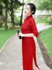 Ethnic Clothing Spring Autumn Maxi Red Cheongsam Banquet Performance Composite Lace Chinese Style Traditional Evening Wedding Dress For