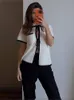 Basic Casual Dresses Cotton Knitted Hollow Out Top Skirt 2 Piece Set Lapel Short Sleeve Tops Striped Suit 2023 Summer Women s Vacation Outfits 230804