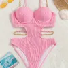 Fato de Banho Feminino Fato de Banho Sexy Push Up Underwire Feminino Sólido Rosa Corrente de Metal Oco com Caneluras Fato de Banho Monokini 230803