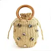 Evening Bags 2023 New Handmade Rhinestone Crystal Embellished Straw Bag Straw Bucket Bags Lady Travel Purses Handbags sac en paille femme J230804