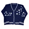 Kvinnors stickor Tees Women Autumn Fashion V Neck Long Sleeve Star Embroidery Sticked Cardigan Ladies Casual Loose Single Breasted Vintage tröja 230803