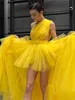 Charming Yellow High Low Prom Dresses One Shoulder Ruffles Tiered Evening Gown Layered A Line Dress for Womens Special Occasion Event Wear