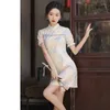 Abbigliamento etnico Donne sexy Stampa fiore Mini Qipao Stile cinese Vestito da festa da donna Ragazza di alta qualità Slim Cheongsam Vestidos Vintage Qi Pao