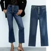 Kvinnors jeans maxdutti hög midja smala ensamstående bröstkvinnor tvättade blå denim byxor vintage