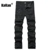 Мужские джинсы Kakan - Европейская и американская повседневная стройная упругая эластичная прямая нога для мужчин черные поцарапали длинные джинсы9-010