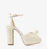 Womens Wedding Sandal Sacaria Dress Wedding Shoes Pearl-Embilled Satin Sandals White Bride Learls High Cheels Pumps Eu35-43