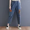 Jeans femme 2023 printemps femme Vintage broderie taille élastique sarouel ample haute Denim Patch Stretch mode cheville-longueur