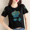 Kvinnors T-skjortor Vetement Femme Black T-shirt Kvinnlig Rhinestone Summer Print Tops Plus Size Xxxxl Diamond Tshirts Woman Tee Poleras Mujer