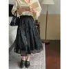 Skirts TingYiLi Spring Summer Rose Flocked Organza Tiered A-line Skirt Retro Korean Elegant Women Floral Beige Black Midi Tutu