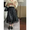 Saias TingYiLi Primavera Verão Rosa Flocado Organza Saia evasê em camadas Retro Coreano Elegante Feminino Floral Bege Preto Midi Tutu