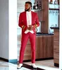 Fashion Red 2 Pieces Wedding Tuxedos Men Suits Pattern Peaked Lapel Single Breasted Customize Bright Coat Pants Formal Prom Party Tailored Handsome
