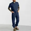 Men's Tracksuits European And American Linen Summer Leisure Suit Short Sleeved One-piece Cargo Trousers Clothing