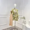 Casual Jurken 2023 Groene Bloemen Afdrukken Zijde Linnen Hoge Kwaliteit Lange Lantaarn Mouw Knoppen Franje Lace-Up Vrouw Mini jurk