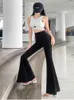 Pantalon femme été large jambe cloche bas femmes Style coréen élastique taille haute longue évasée pantalon fendu Sexy bureau pantalon