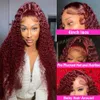 Mänskligt hår Kapslösa peruker 13x4 Deep Curly Spets Frontal Wig Transparent 99J Bourgogne T Part Spets Front Wigs Red Colored HD Deep Wave Human Hair Wigs X0802