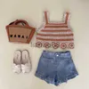 Conjuntos de roupas femininas coreanas ocas camisa de tricô de crochê top verão doce estilo feriado colete jeans roupas infantis camiseta shorts jeans x0803