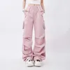 Pantalons pour femmes s 2023 Casual Summer Salopettes Pantalons American Loose Girl Women Pocket Asymmetry Plissé Pink Sweatpants 230804