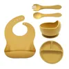 Bols 5 pièces bébé Silicone assiette à dîner petite ventouse bol bavoir fourchette cuillère ensemble antidérapant vaisselle pour enfants enfants plats