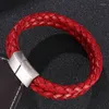 Charm Bracelets Vintage Double Layer Weave Leather Rope Mens Jewelry Stainless Steel Magnet Clasp Braided Bangles Male Wristband PS504