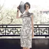 エスニック服2023夏のエレガントな短袖のシルクミッドレングスセクシーなチョンサム中国スタイルのパフォーマンスイブニングドレスQipao for Women