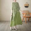 Ropa étnica verde suelto Floral Cheongsam un conjunto mujeres media manga cinta A-Line vestido 2 piezas de talla grande estilo chino Qipao