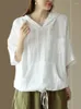 Koszule damskie retro lniane kobiety luźne koszulka 2023 Summer z kapturem krótkie rękawowe kieszonki proste swobodne pulovery Tops Baki z kapturem Tshirt All-Match Tshirt
